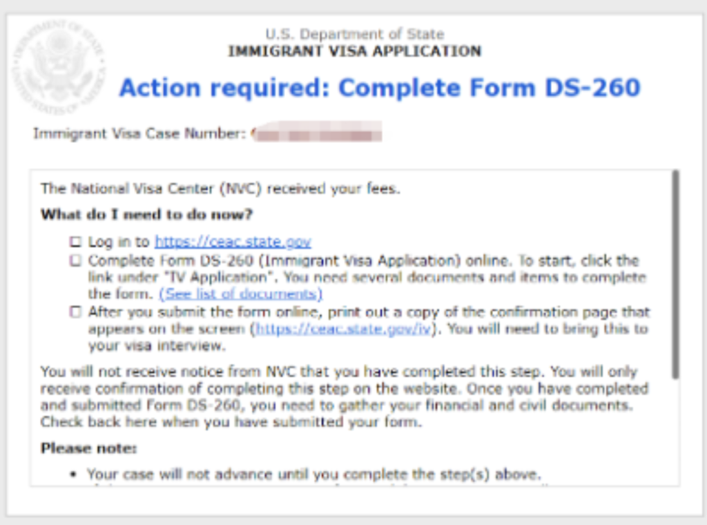 美國簽證狀態：Action required: Complete Form DS-260