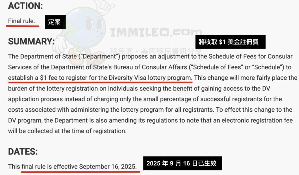綠卡樂透 美元登記費 Federal Register 公告